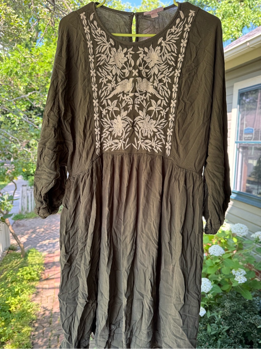 Knox Rose Olive Green Long Sleeve Tunic with Cream Embroidery Panel